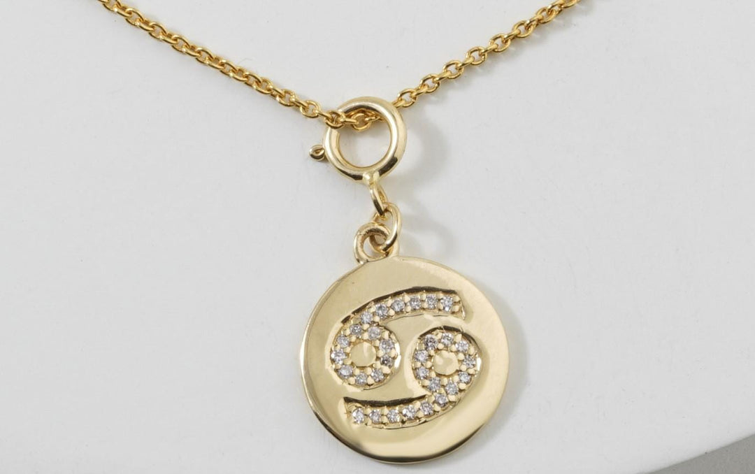 Cancer Horoscope Birth Sign Charm, 14k Solid Gold, Natural Diamonds, Zodiac Jewelry, Everyday Jewelry, Astrology Gift for her