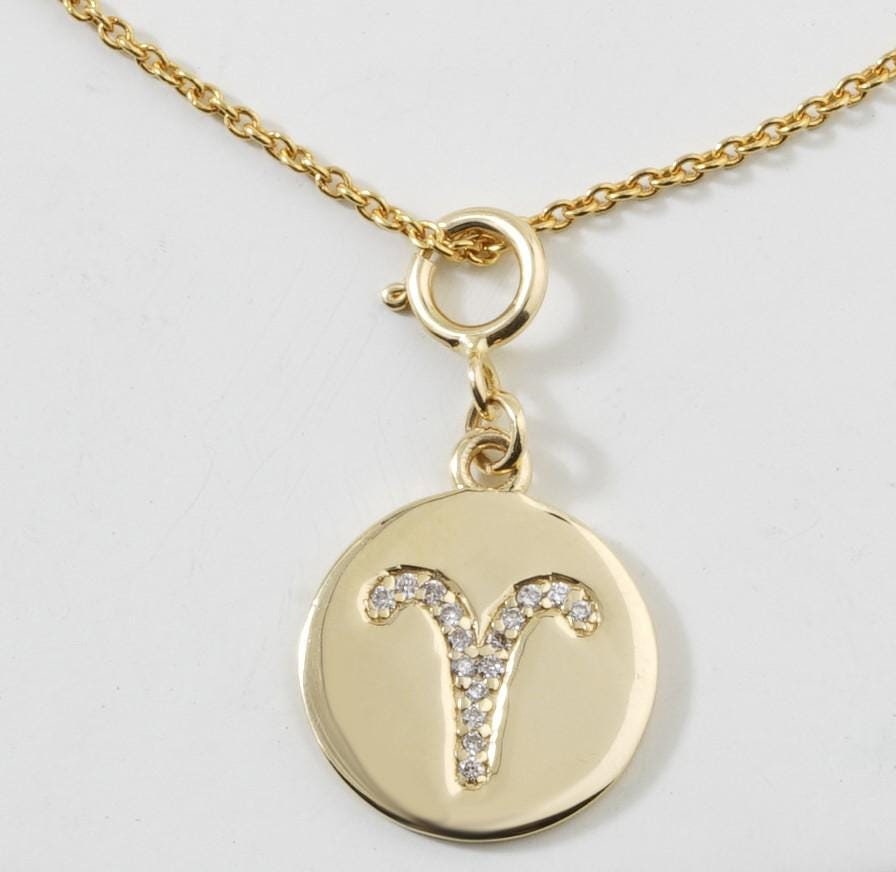 Aries Horoscope Birth Sign Charm, 14k Solid Gold, Natural Diamonds, Zodiac Jewelry, Everyday Jewelry, Astrology Gift for her
