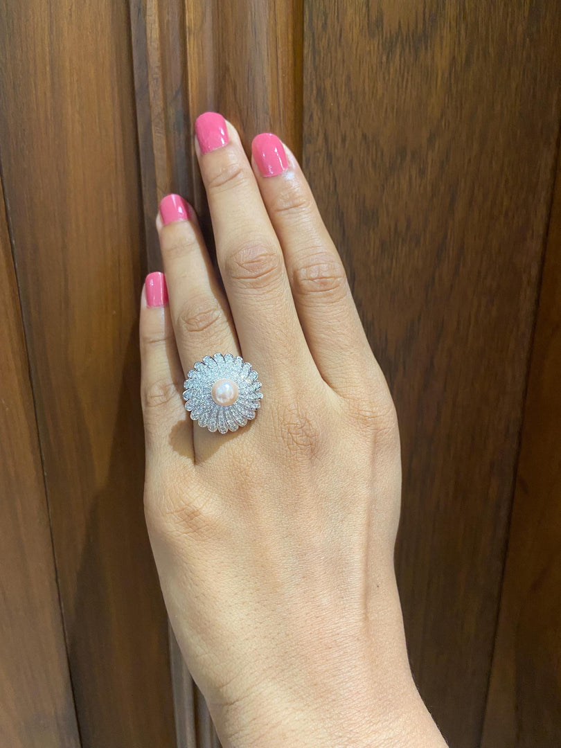 Cultured Pearl Flower Diamond Ring, Gemstone Diamond Ring, 14k Solid Gold, Natural Diamonds, Gift For Her