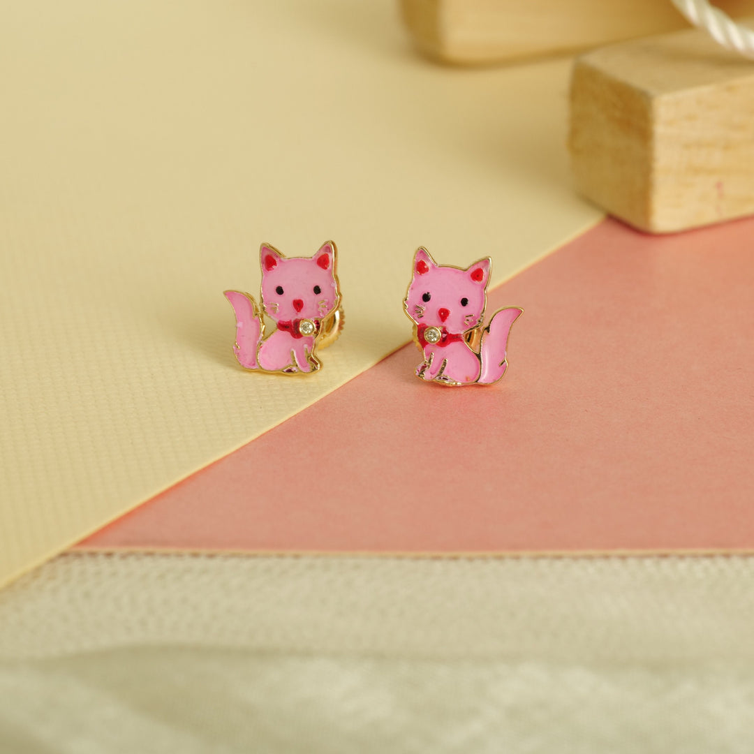 Kids Kitty Diamond Stud Earrings, 14k Solid Gold With Enameling, Natural Diamonds, Kids jewelry, Gift for toddlers, girls and kids