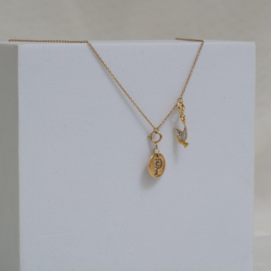 Personalized Initial Necklace, Bird Charm Necklace in 14k Solid Gold, Natural Diamonds, Stacking Two Charm Necklace, Minimalist