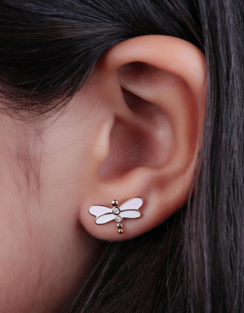 Kids Dragonfly Diamond Stud Earrings, 14k Solid Gold With Enameling, Natural Diamonds, Kids jewelry, Gift for toddlers, girls and kids