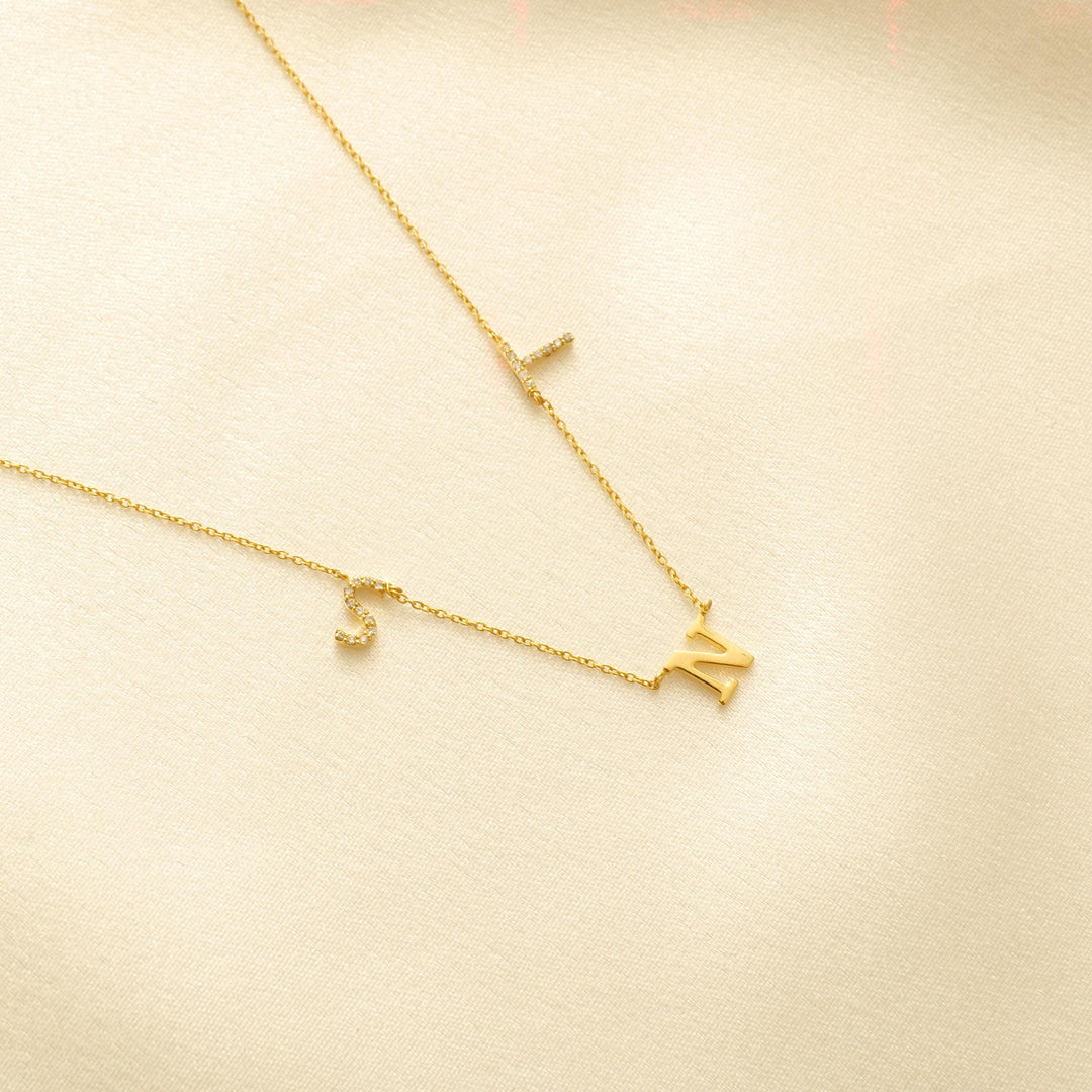 Personalized Initials Diamond Necklace, 14k Solid Gold, Natural Diamonds,  Name Charm Stacking Jewelry, Customized Minimalist Necklace