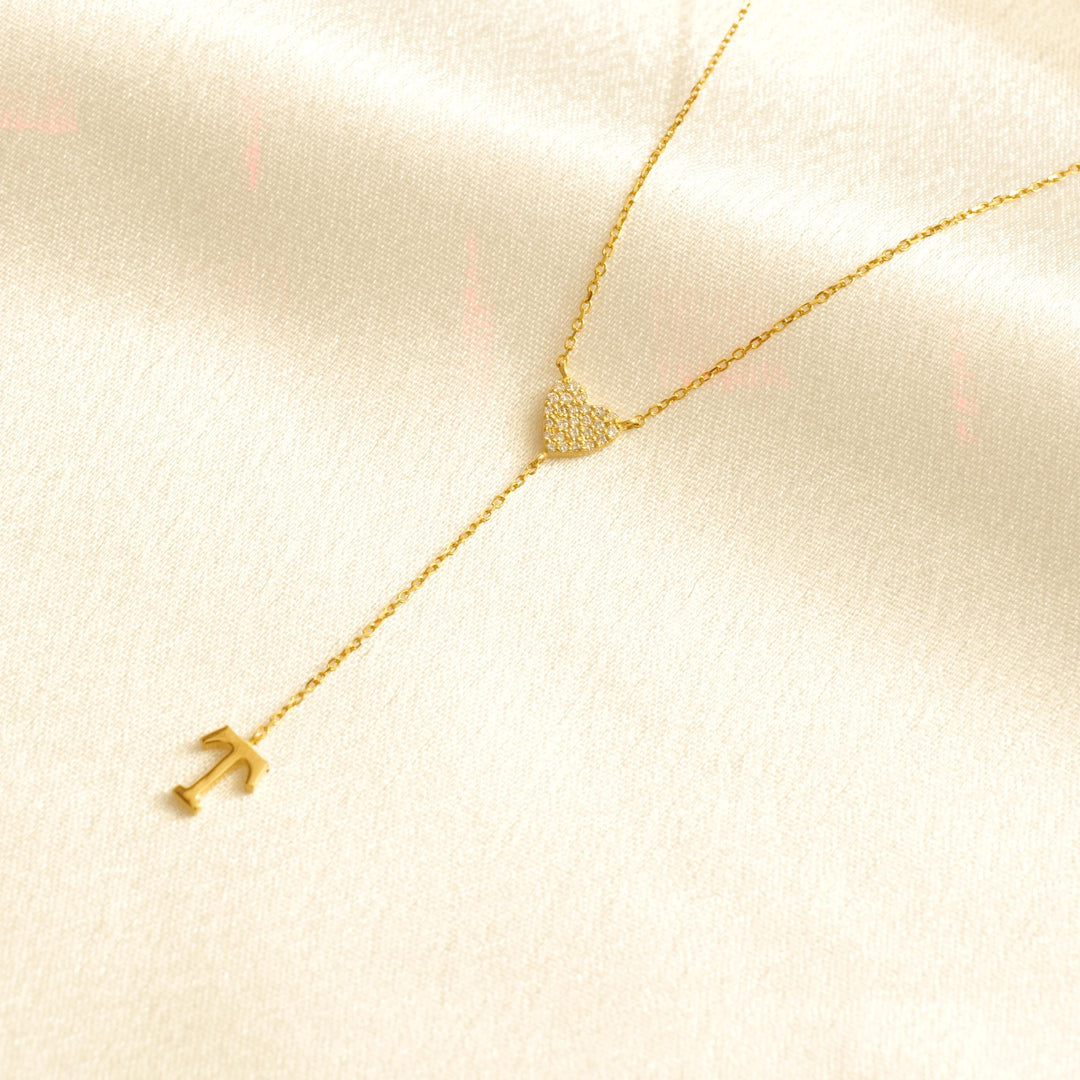 Personalized Initial Heart Diamond Lariat Necklace, 14k Solid Gold, Natural Diamonds, Custom Name Jewelry, Minimalist Letter Drop Chain