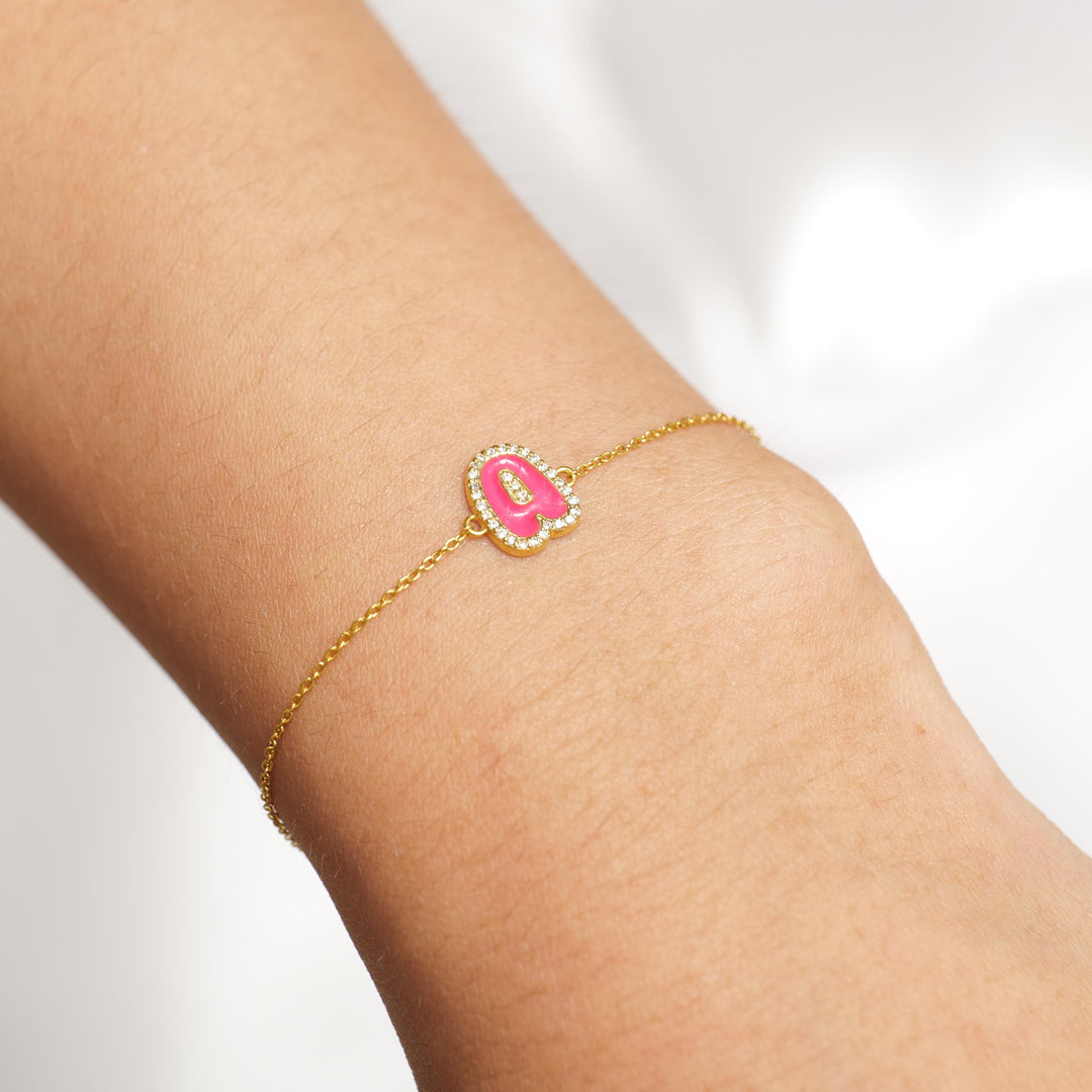Personalized Initial Halo Diamond Enamel Bracelet, 14k Solid Gold Chain, Natural Diamonds, Stacking Custom Jewelry, Minimalist Gift For Her