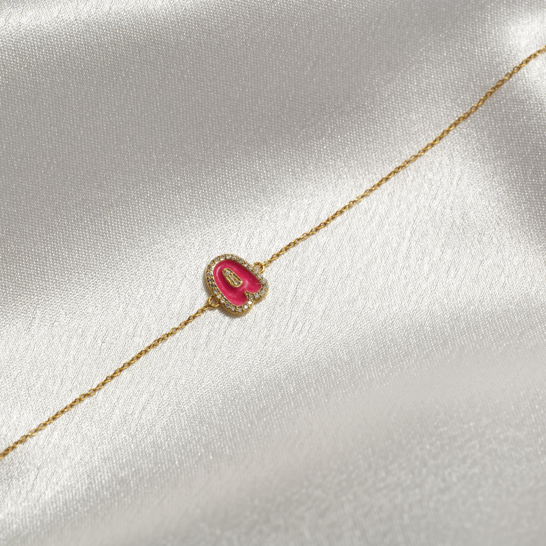 Personalized Initial Halo Diamond Enamel Bracelet, 14k Solid Gold Chain, Natural Diamonds, Stacking Custom Jewelry, Minimalist Gift For Her