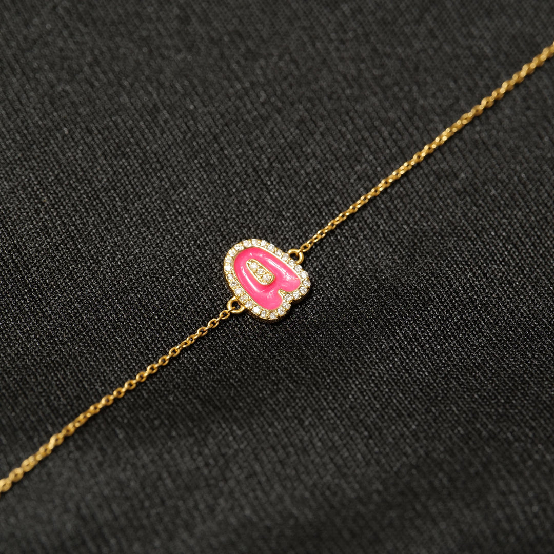 Personalized Initial Halo Diamond Enamel Bracelet, 14k Solid Gold Chain, Natural Diamonds, Stacking Custom Jewelry, Minimalist Gift For Her