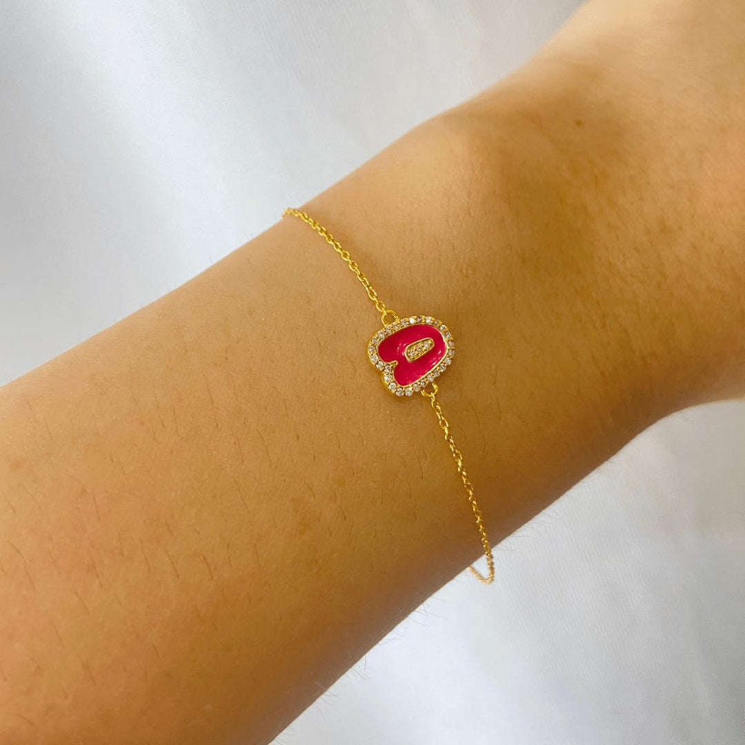 Personalized Initial Halo Diamond Enamel Bracelet, 14k Solid Gold Chain, Natural Diamonds, Stacking Custom Jewelry, Minimalist Gift For Her