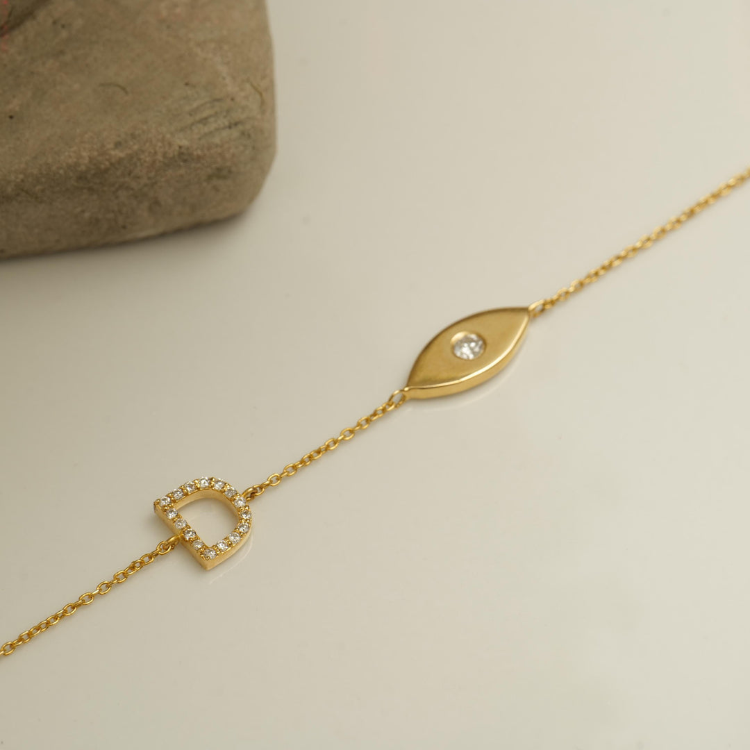 Personalized Initial Diamond Bracelet, 14k Solid Gold Charm Bracelet, Natural Diamonds, Custom Jewelry, Evil Eye Gold Charm, Gift For Her