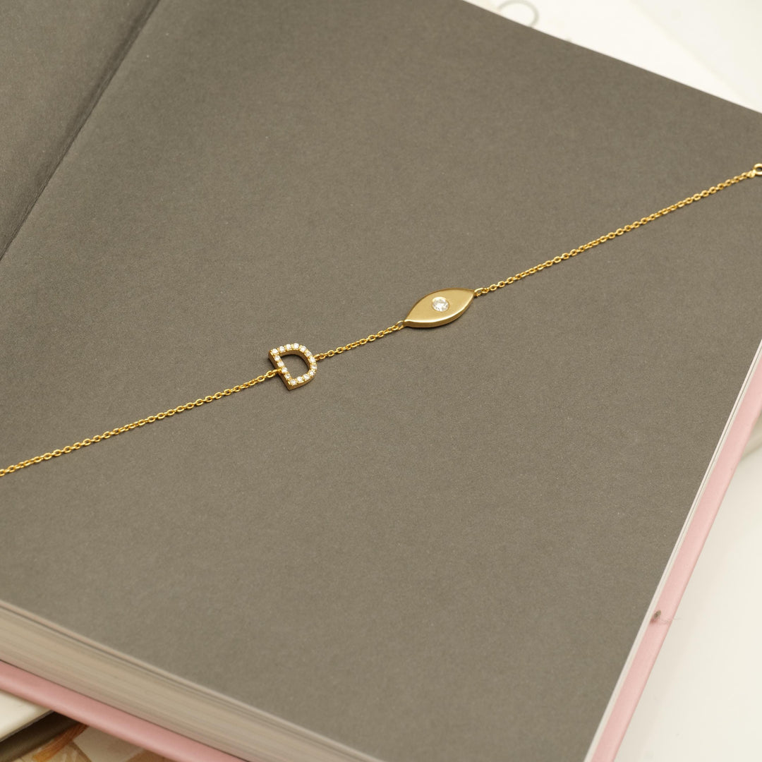Personalized Initial Diamond Bracelet, 14k Solid Gold Charm Bracelet, Natural Diamonds, Custom Jewelry, Evil Eye Gold Charm, Gift For Her