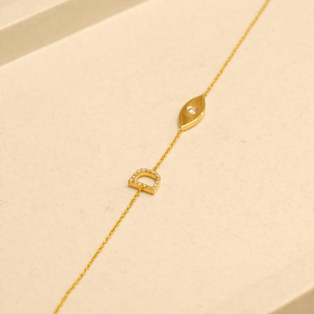 Personalized Initial Letter Diamond Bracelet, 14k Solid Gold, Natural Diamonds, Evil Eye Stacking Bracelet, Minimalist Custom Chain Jewelry