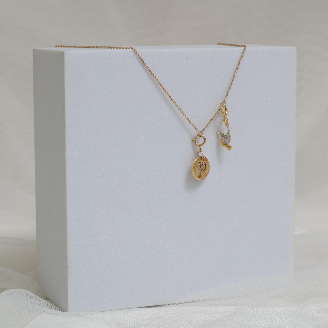 Personalized Initial Necklace, Bird Charm Necklace in 14k Solid Gold, Natural Diamonds, Stacking Two Charm Necklace, Minimalist