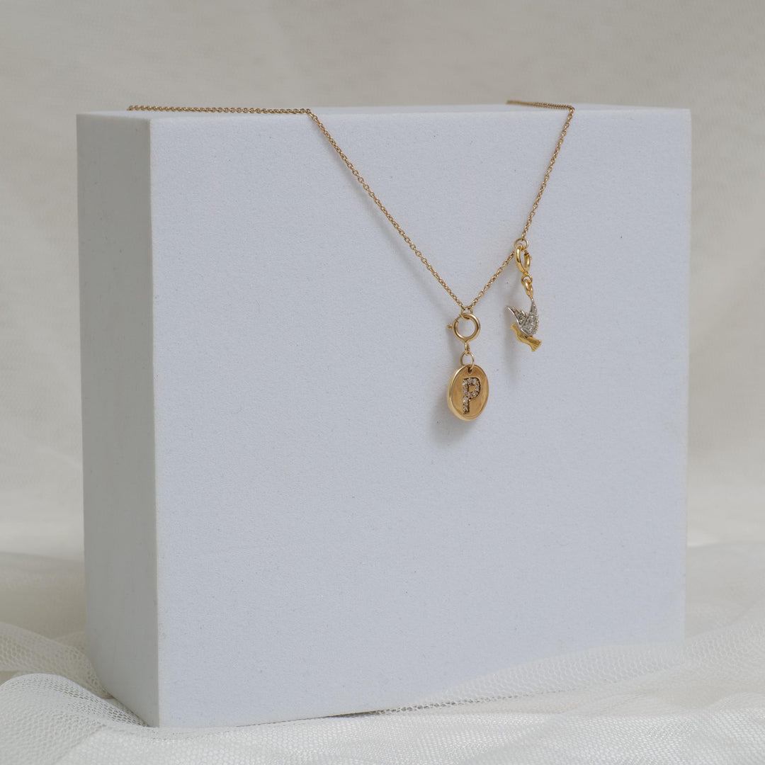 Personalized Initial Bird Charm Diamond Necklace, 14k Solid Gold, Natural Diamonds, Stacking Two Charm Necklace, Minimalist Everyday Jewelry