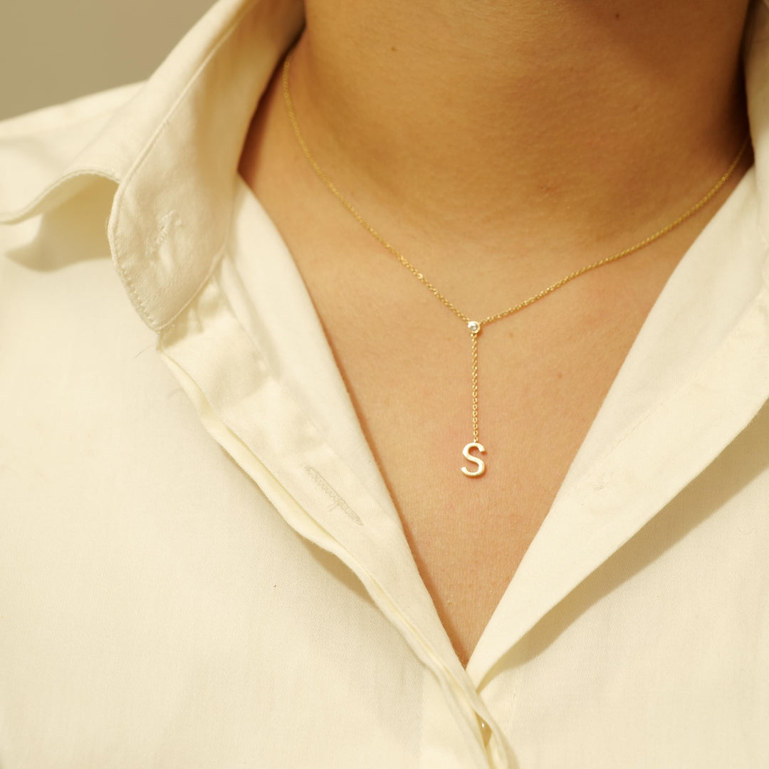 Personalized Bold Initial Lariat Diamond Necklace, 14k Solid Gold, Natural Diamonds, Bezel Drop Letter Jewelry, Minimalist Everyday Jewelry
