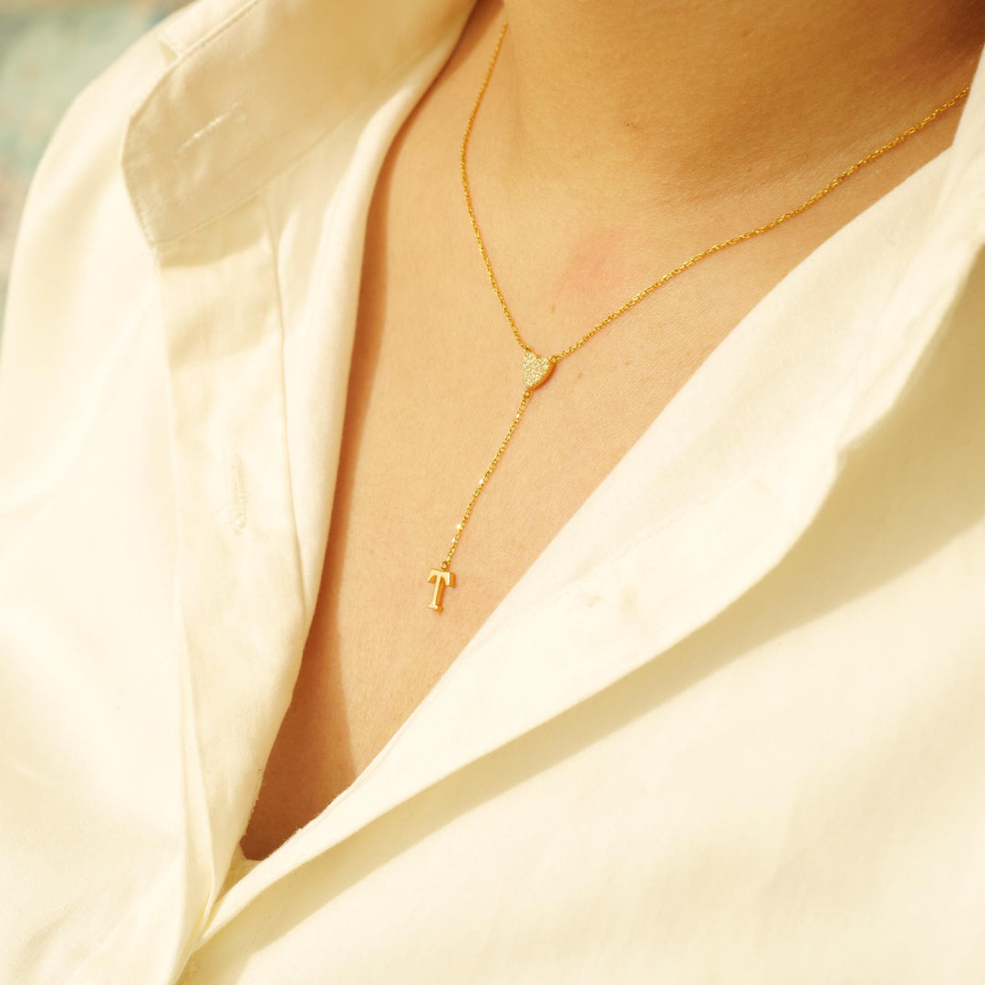 Personalized Initial Heart Diamond Lariat Necklace, 14k Solid Gold, Natural Diamonds, Custom Name Jewelry, Minimalist Letter Drop Chain