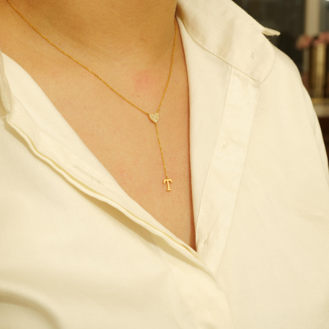 Personalized Initial Heart Diamond Lariat Necklace, 14k Solid Gold, Natural Diamonds, Custom Name Jewelry, Minimalist Letter Drop Chain