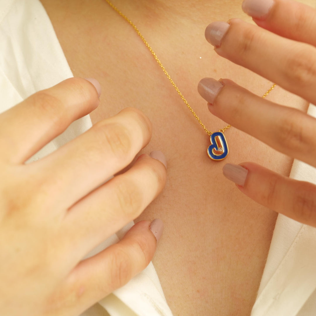 Personalized Initial Enamel Pendant Necklace, 14k Solid Gold, Natural Diamonds, Bubble Minimalist Letter, Custom Everyday Jewelry