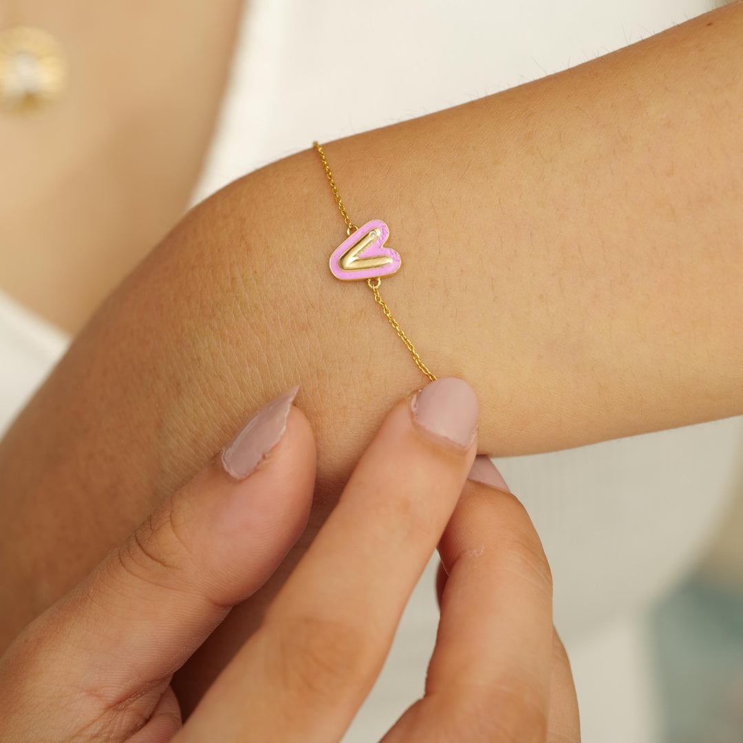 Personalized Initial Enamel Bracelet, 14k Solid Gold Chain Bracelet, Natural Diamonds, Stacking Custom Jewelry, Minimalist Gift For Her