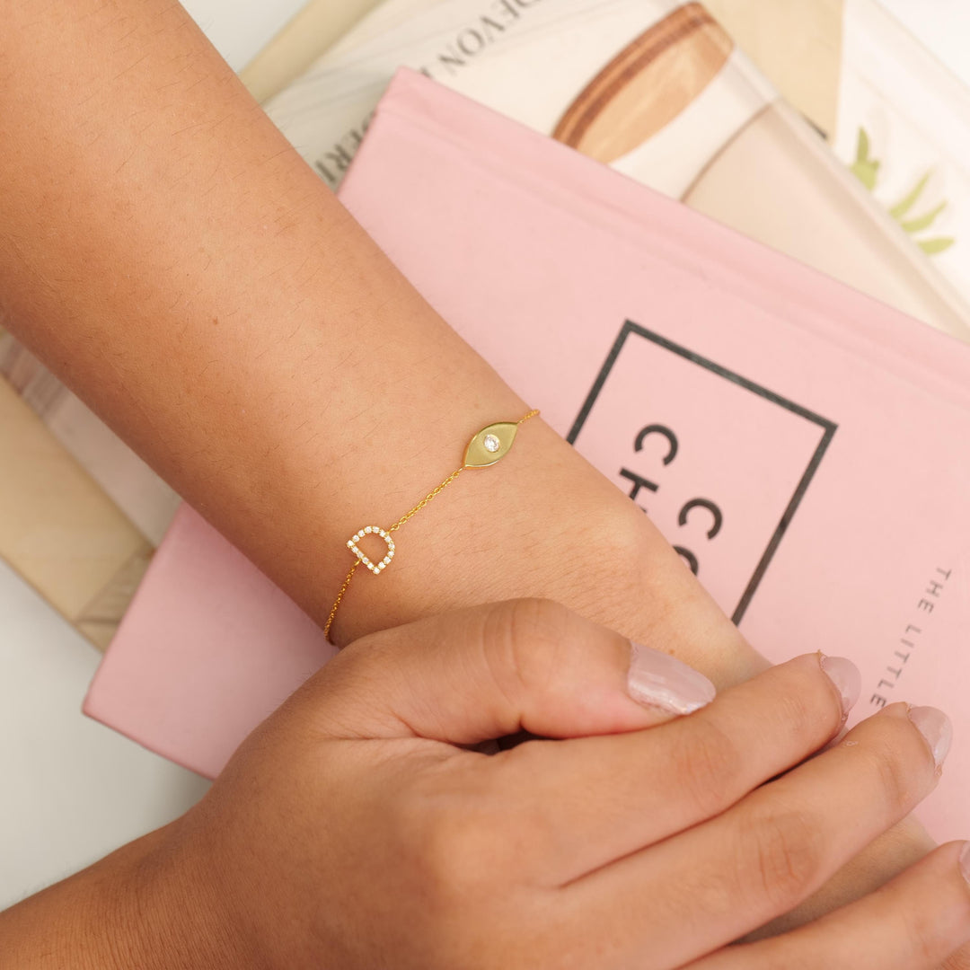 Personalized Initial Diamond Bracelet, 14k Solid Gold Charm Bracelet, Natural Diamonds, Custom Jewelry, Evil Eye Gold Charm, Gift For Her