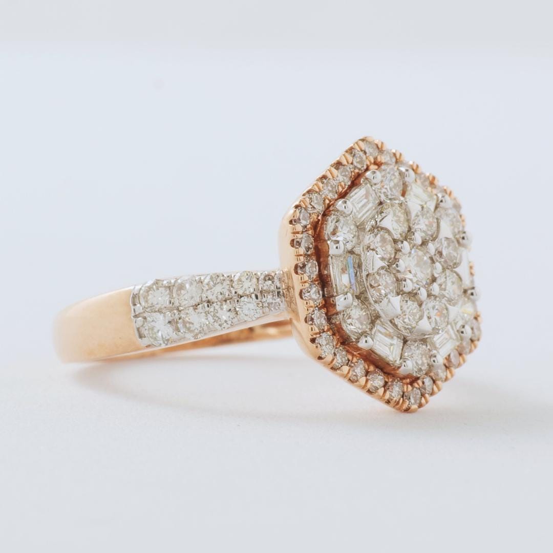 Hexagonal Halo Diamond Ring, 14k Solid Gold, Natural Diamonds, Cocktail Cluster Ring, Statement Bridal Jewelry, Geometric Ring, Gift For Her