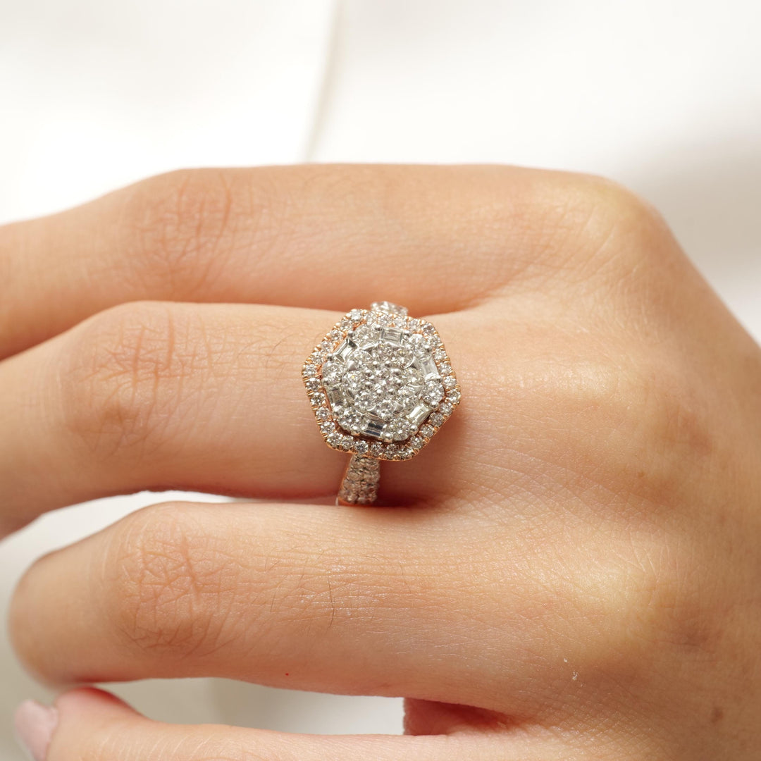 Hexagonal Halo Diamond Ring, 14k Solid Gold, Natural Diamonds, Cocktail Cluster Ring, Statement Bridal Jewelry, Geometric Ring, Gift For Her