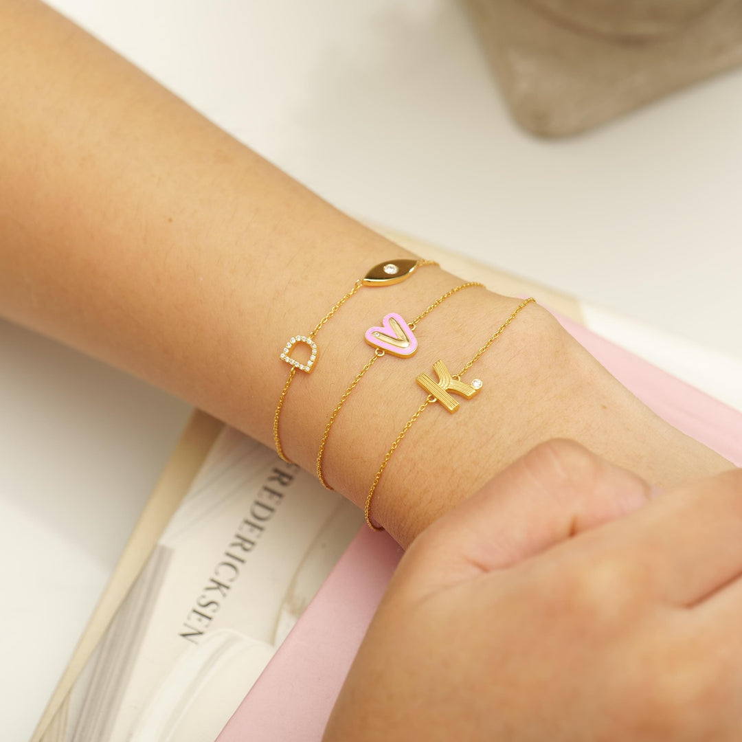 Personalized Initial Letter Diamond Bracelet, 14k Solid Gold, Natural Diamonds, Evil Eye Stacking Bracelet, Minimalist Custom Chain Jewelry