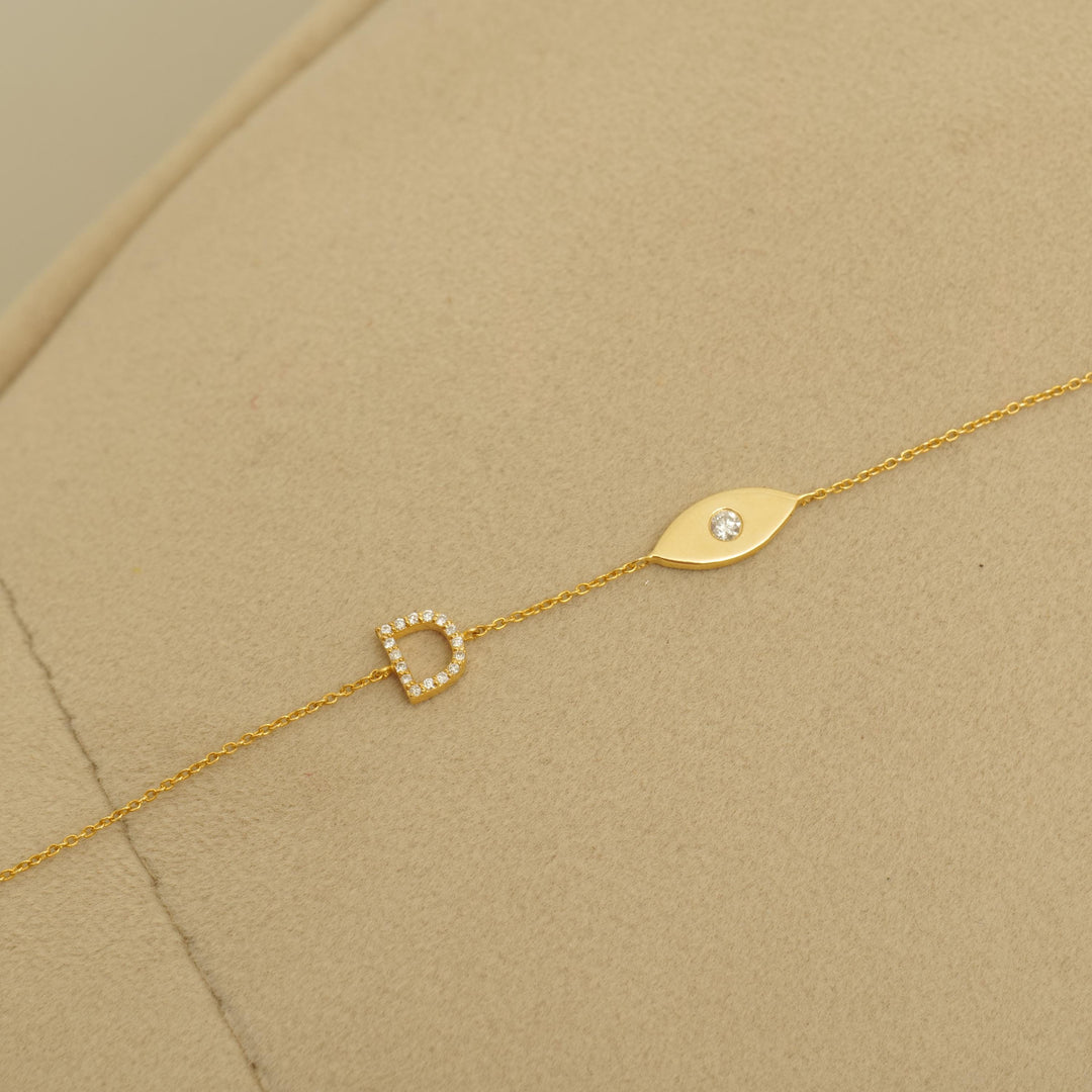 Personalized Initial Letter Diamond Bracelet, 14k Solid Gold, Natural Diamonds, Evil Eye Stacking Bracelet, Minimalist Custom Chain Jewelry