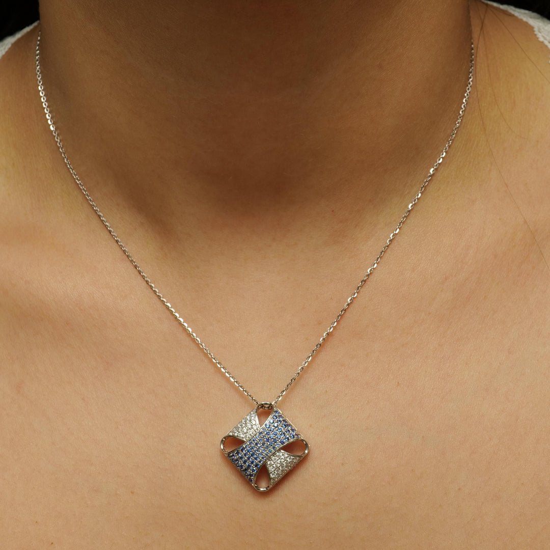 Square Blue Sapphire Diamond Pendant Necklace,  14k Solid Gold, Natural Diamonds, Pave Gemstone Cocktail Pendant, Minimalist Stacking Chain