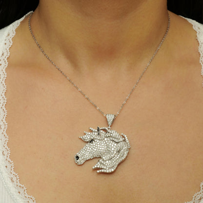 Horse Diamond Pendant Necklace, 14k Solid Gold, Natural Diamond, Majestic Equine Necklace, Animal Equestrian Hip Hop Chain Necklace