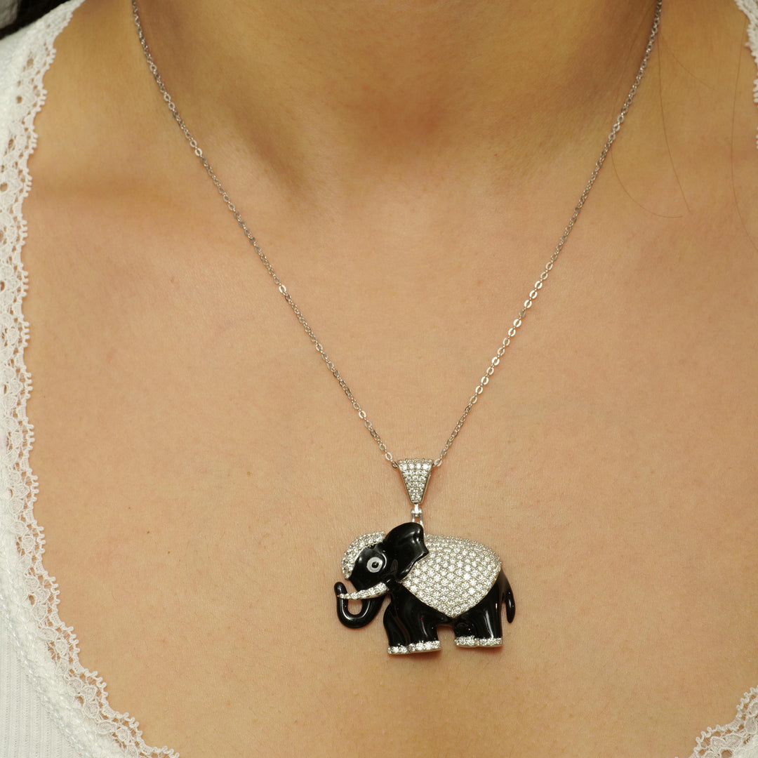 Elephant Diamond Pendant Necklace, 14k Solid Gold, Natural Diamonds, Enamel Hip Hop Jewelry, Animal Statement Chain Necklace