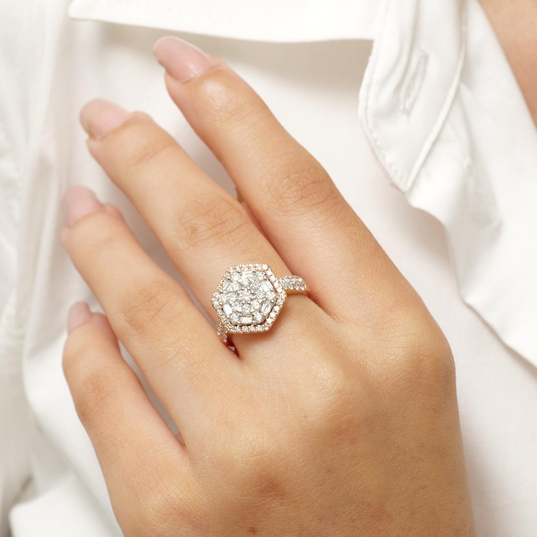 Hexagonal Halo Diamond Ring, 14k Solid Gold, Natural Diamonds, Cocktail Cluster Ring, Statement Bridal Jewelry, Geometric Ring, Gift For Her