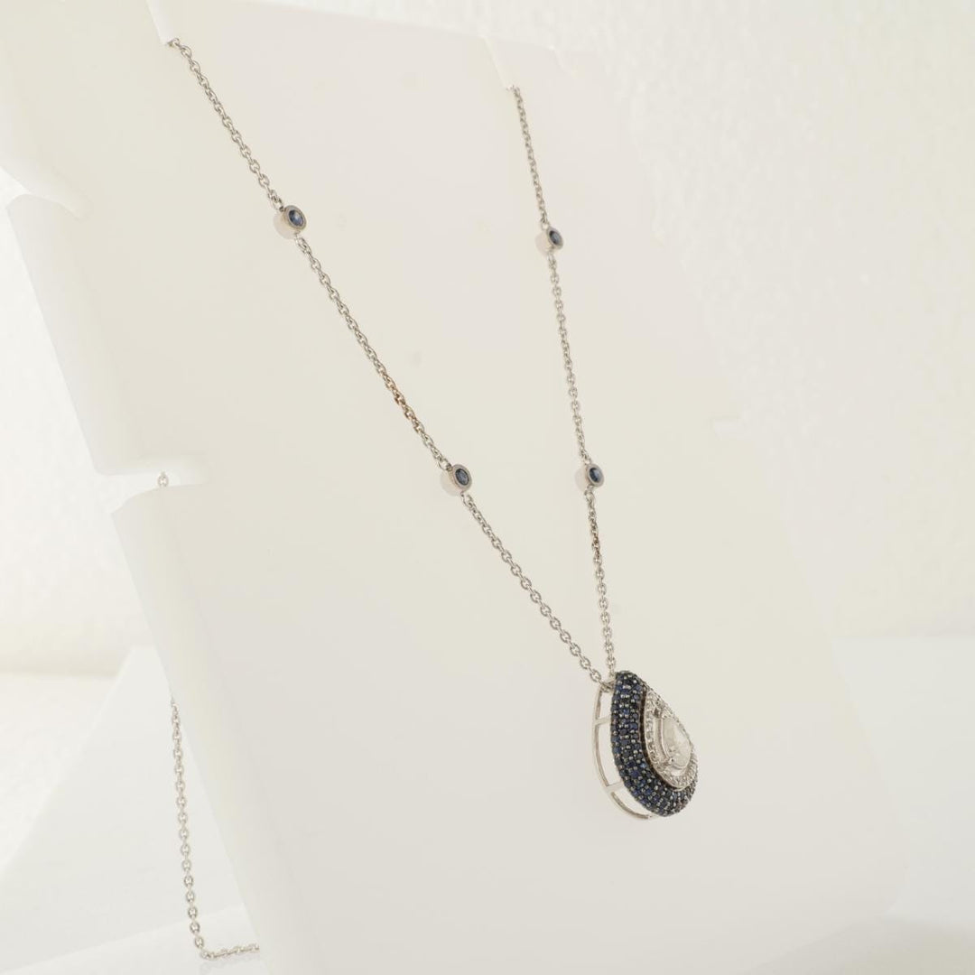 Teardrop Blue Sapphires Natural Diamond Necklace: 14k Solid Gold Halo Gemstone Stacking Necklace,  Certified Jewelry