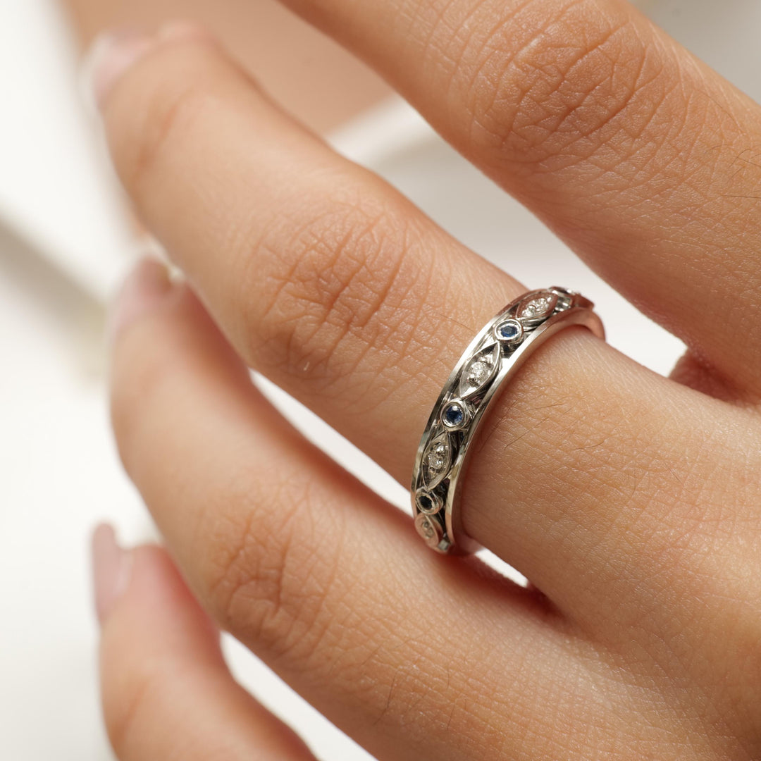 Blue Sapphires & Diamonds Eternity Band Ring, 14K Solid Gold, Natural Diamonds, Stacking Gold Band, Ready To Ship, Women&#39;s Day Gift