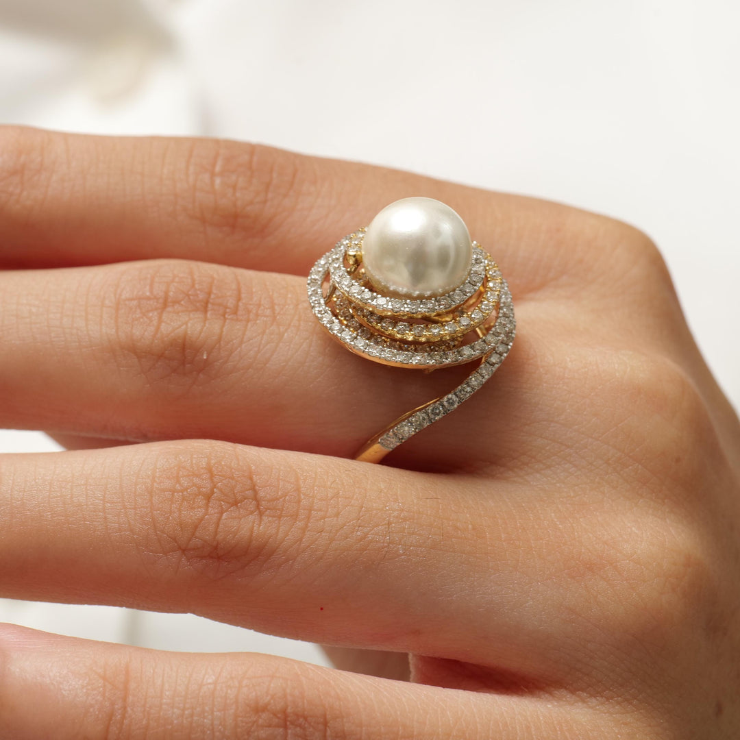 Cultured South Sea Pearl Diamond Ring, 14k Solid Gold, Dual Tone Statement Spiral Ring, Natural Diamonds, Ready To Ship