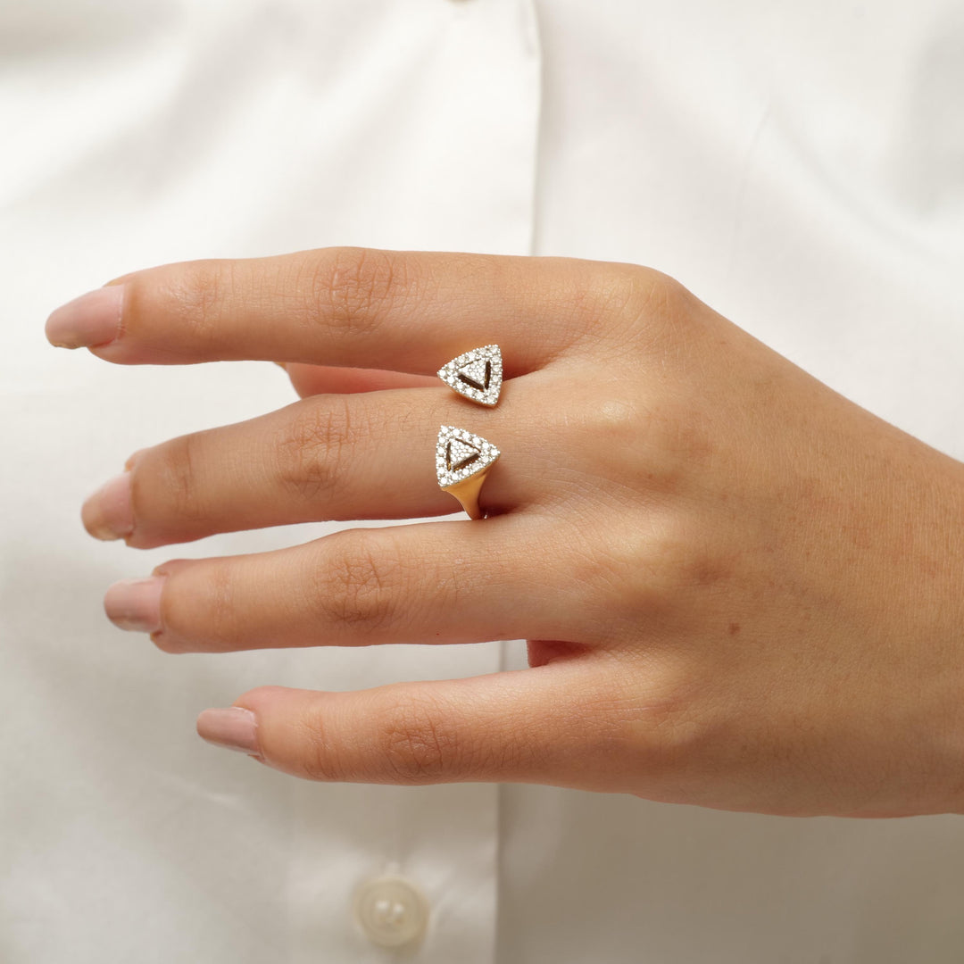 Halo Triangle Diamond Ring, 14K Solid Gold, Open Cuff Ring, Natural Diamonds, Statement Cocktail Ring, Gift for Her Gift For Her