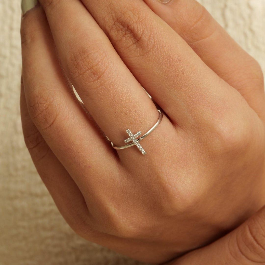 Cross Diamond Ring, 14k Solid Gold, Natural Diamonds, Minimalist Religious Ring, Handmade Dainty Cross Band, Ready To Ship