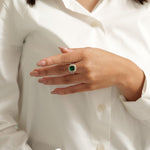 Load image into Gallery viewer, Emerald Diamond Halo Ring, 14k Solid Gold, Natural Diamonds, Birthstone Filigree Gemstone Ring, Cocktail Statement Ring, Ready To Ship
