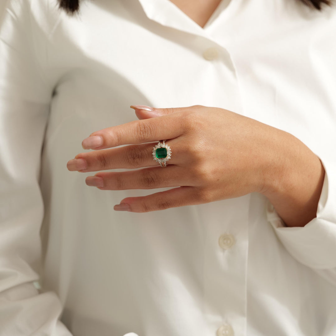 Emerald Diamond Halo Ring, 14k Solid Gold, Natural Diamonds, Birthstone Filigree Gemstone Ring, Cocktail Statement Ring, Ready To Ship