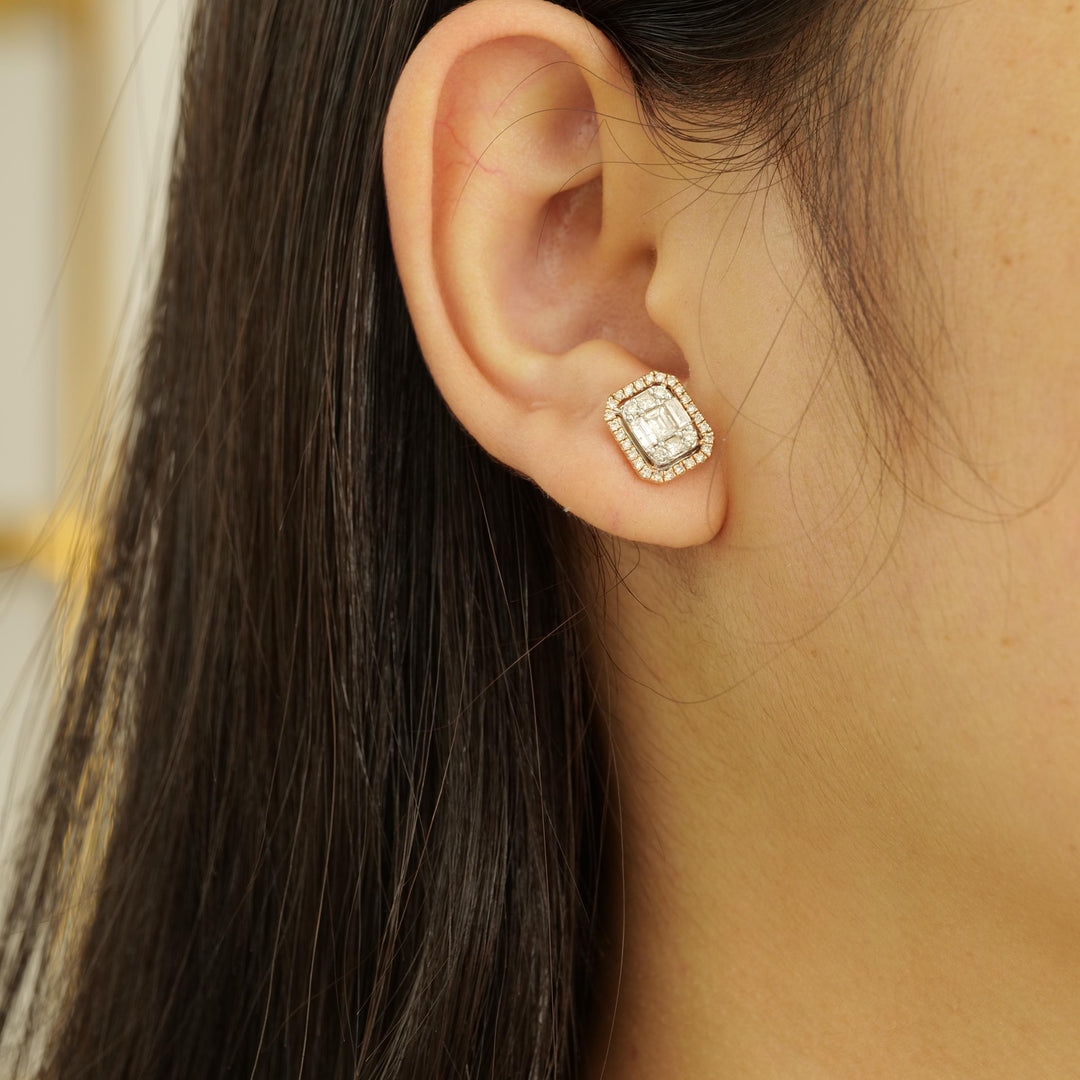 Diamond Halo Earrings, Illusion Setting, 14k Solid Gold, Baguette & Round Natural Diamonds, Everyday Studs, Ready To Ship, Women&#39;s Day Gift