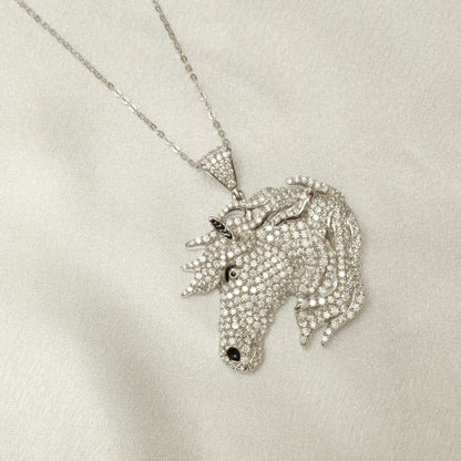 Horse Diamond Pendant Necklace, 14k Solid Gold, Natural Diamond, Majestic Equine Necklace, Animal Equestrian Hip Hop Chain Necklace