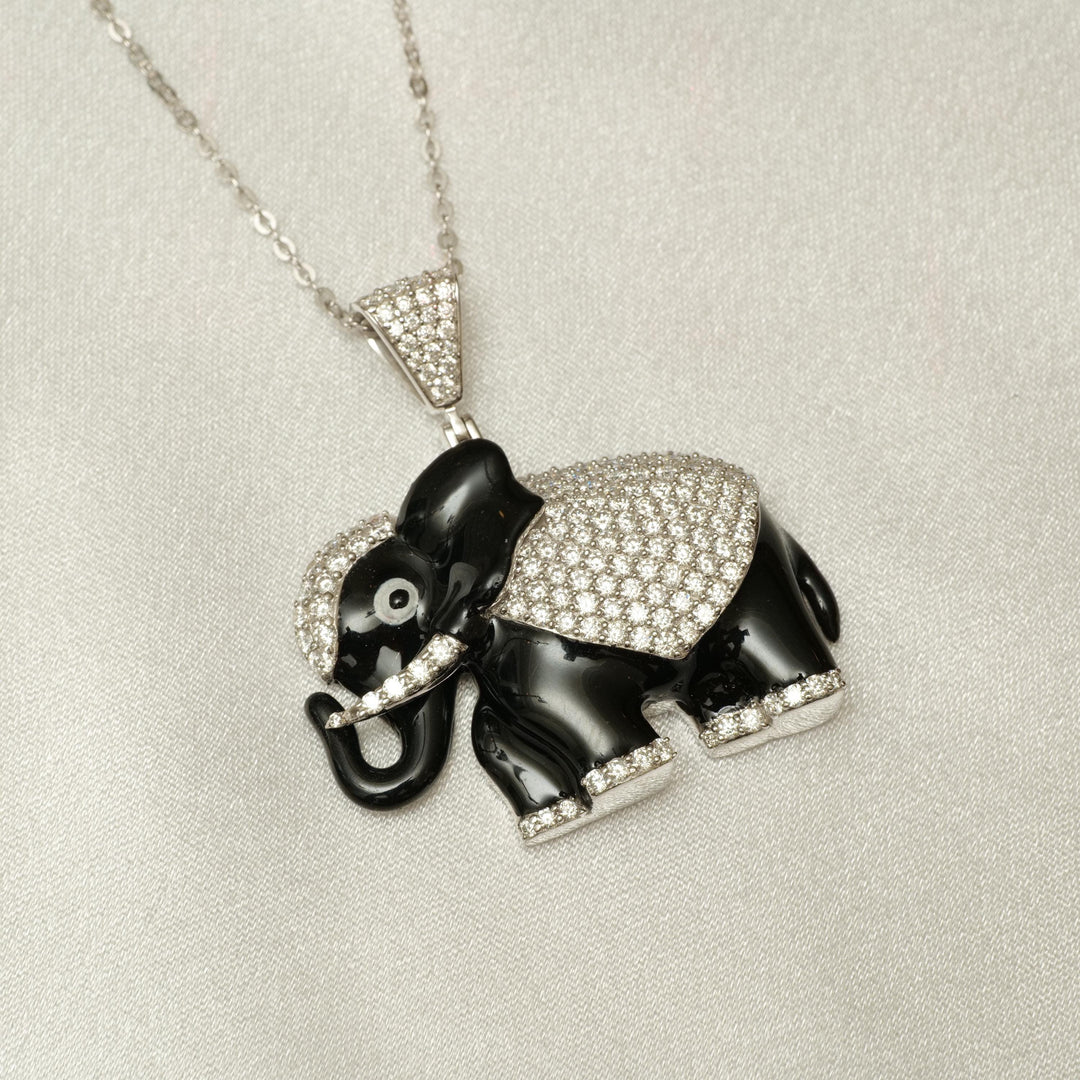 Elephant Diamond Pendant Necklace, 14k Solid Gold, Natural Diamonds, Enamel Hip Hop Jewelry, Animal Statement Chain Necklace