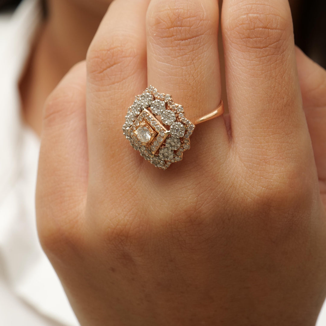 Halo Diamond Floral Cluster Ring, 14k Solid Gold, Natural Diamonds, Halo Setting Cocktail Ring, Bridal Statement Ring, Gift For Her