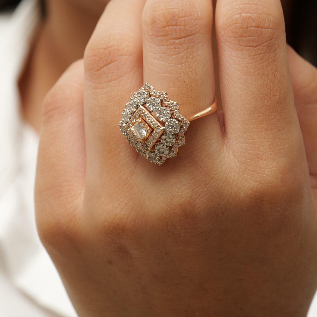 Halo Diamond Floral Cluster Ring, 14k Solid Gold, Natural Diamonds, Halo Setting Cocktail Ring, Bridal Statement Ring, Gift For Her