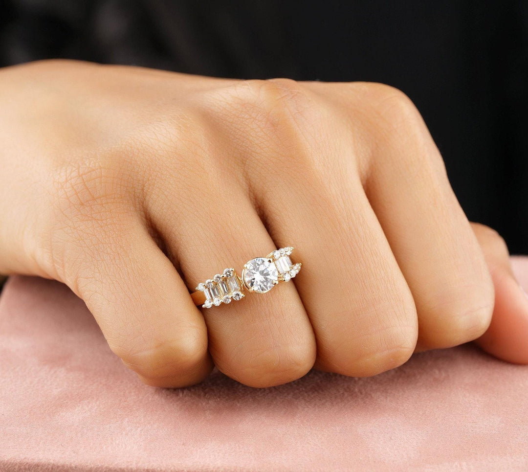 Round Solitaire Diamond Ring, Moissanite Engagement Ring, Baguette Diamond, 14k Solid Gold, Side Ladder look, Gift For Her