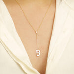 Load image into Gallery viewer, Personalized Initial Lariat Necklace, 14k Solid Gold Diamond Letter, Natural Diamonds, Custom Name Initial Jewelry, Minimalist

