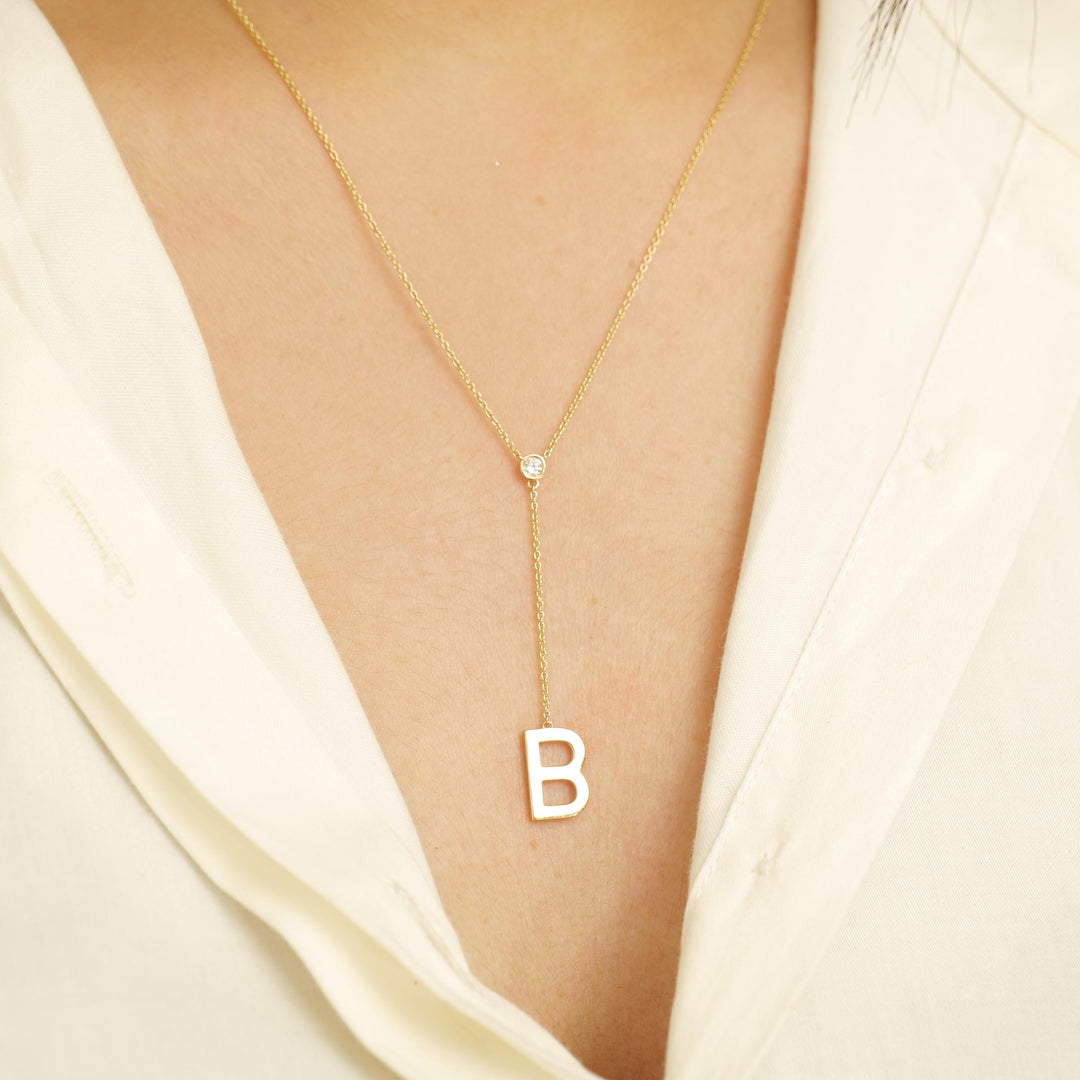 Personalized Initial Lariat Necklace, 14k Solid Gold Diamond Letter, Natural Diamonds, Custom Name Initial Jewelry, Minimalist