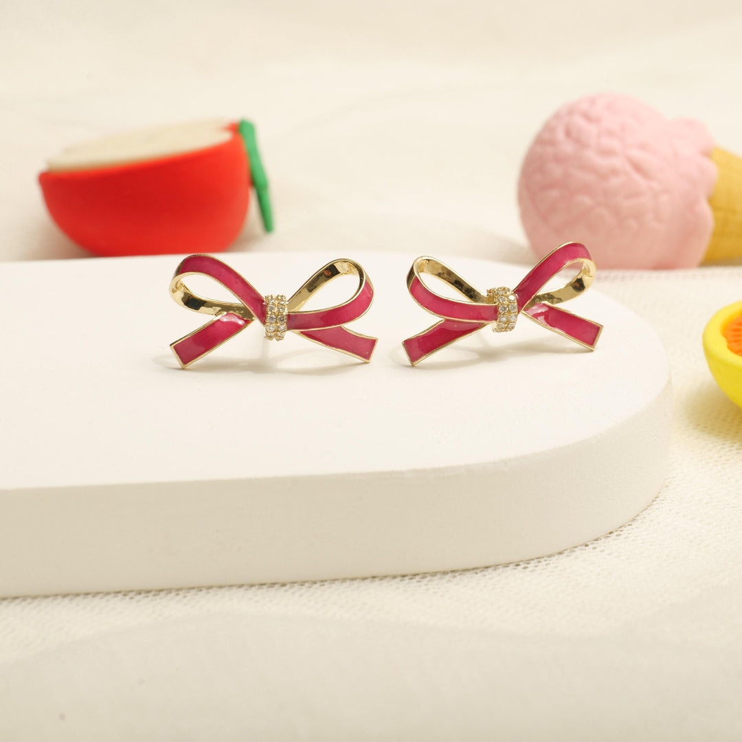 Kids Ribbon Diamond Stud Earrings, 14k Solid Gold With Pink Enameling, Natural Diamonds, Kids jewelry, Gift for toddlers, girls, and kids
