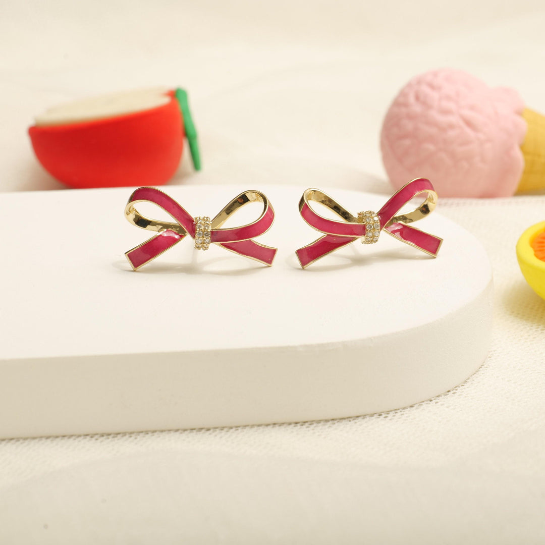 Kids Ribbon Diamond Stud Earrings, 14k Solid Gold With Pink Enameling, Natural Diamonds, Kids jewelry, Gift for toddlers, girls, and kids