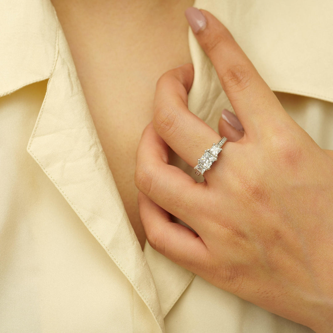 IGI Certified 1ct Lab-grown Diamond Engagement Ring in 14k Solid Gold: 3 Stone Princess Cut Wedding Ring