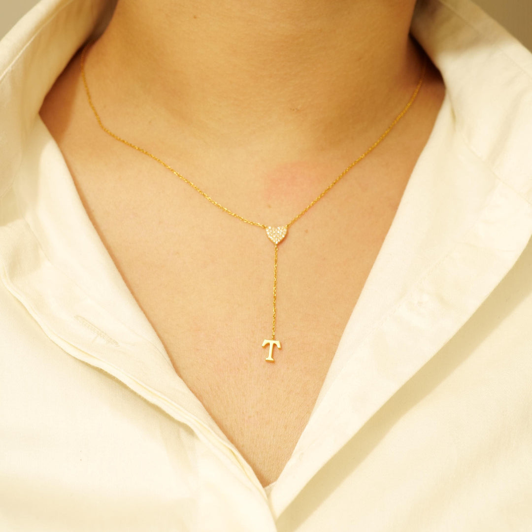 Personalized Initial Heart Diamond Lariat Necklace, 14k Solid Gold, Natural Diamonds, Custom Name Jewelry, Minimalist Letter Drop Chain